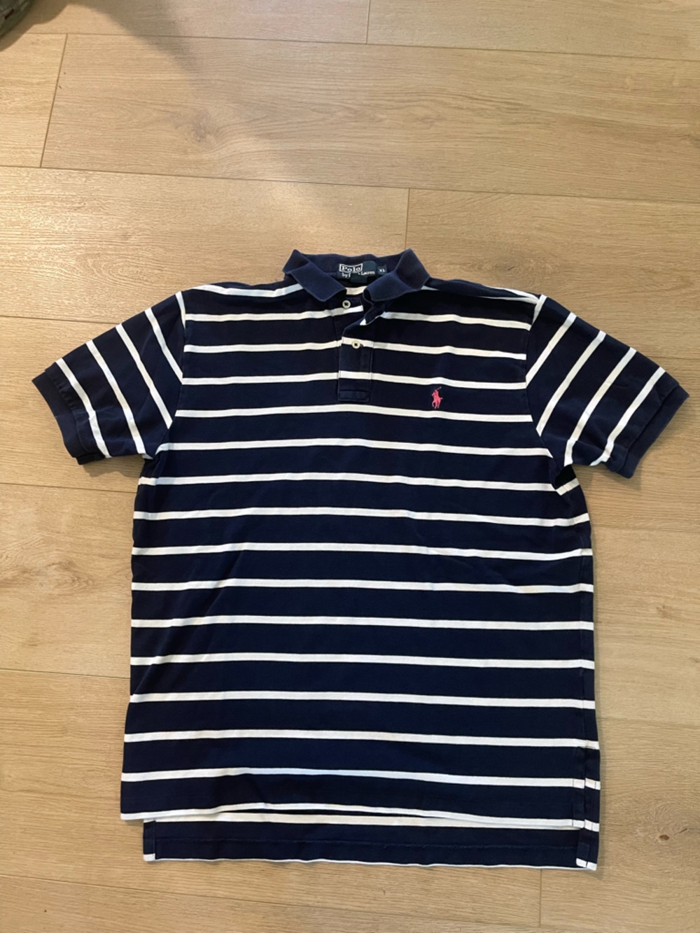 Ralph Lauren Navy and White Striped Polo with Pink Logo